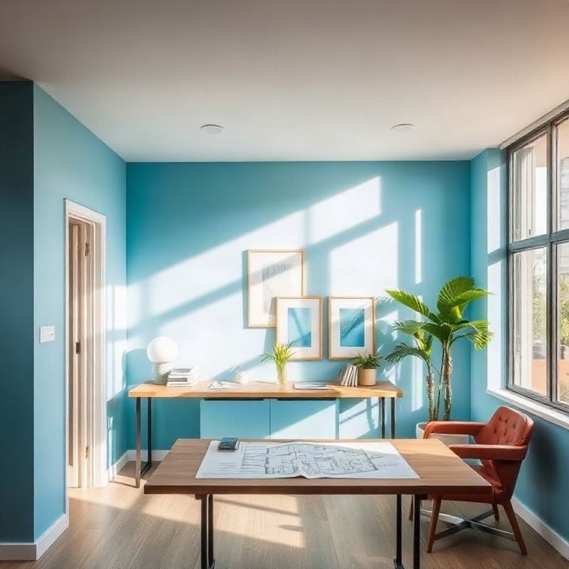 Escritório boutique de imobiliária em Florianópolis com planta arquitetônica sobre a mesa