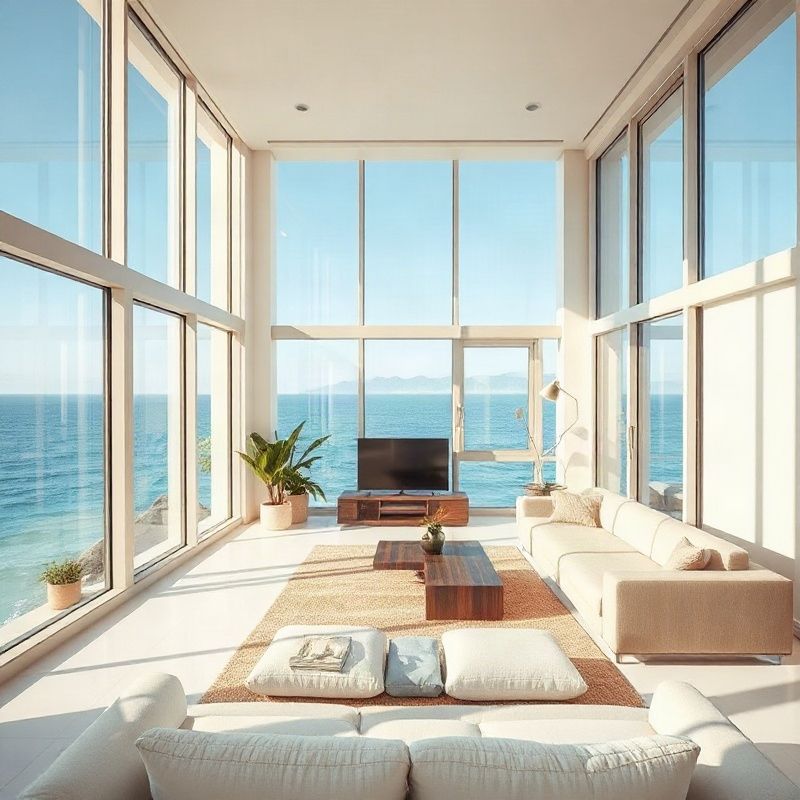 Interior contemporâneo de apartamento com vista para o oceano em Florianópolis